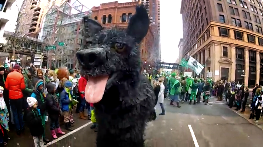 Video: Giant Black Dog Puppet at St. Patrick’s Day Parade, Lowertown Saint Paul